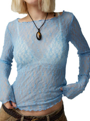 LIGHT BLUE LACE LONG-SLEEVED TOP VINTAGE PERSPECTIVE LACE