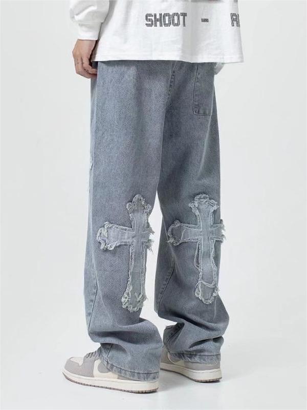 LIGHT BLUE LOOSE FIT CROSS PATCH JEANS