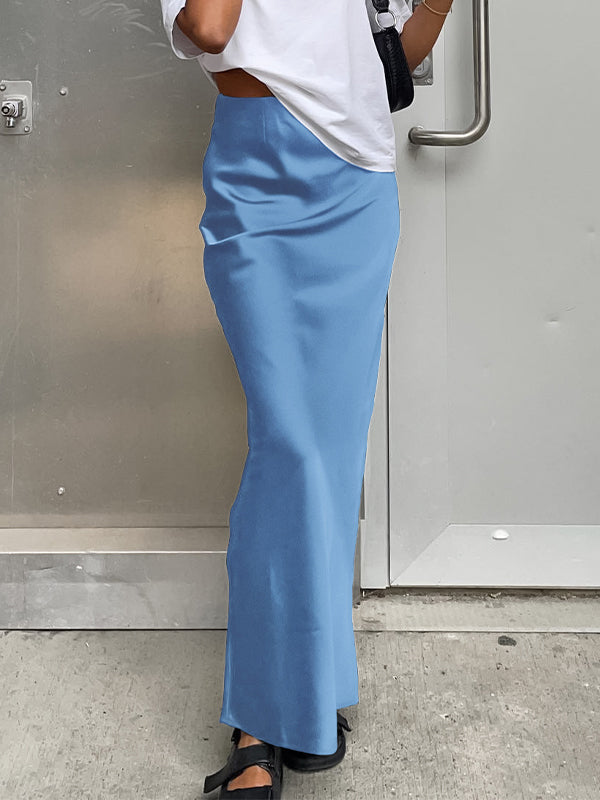 LIGHT BLUE SATIN MAXI SKIRT WITH WRAP DESIGN IN FRENCH SATIN