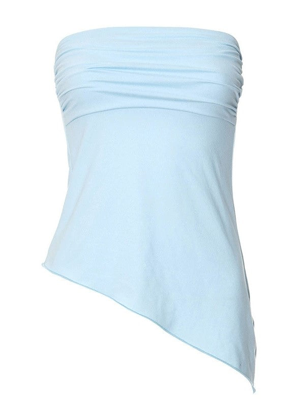 LIGHT BLUE STRAPLESS TOP WITH PLAYFUL SLANTED HEM