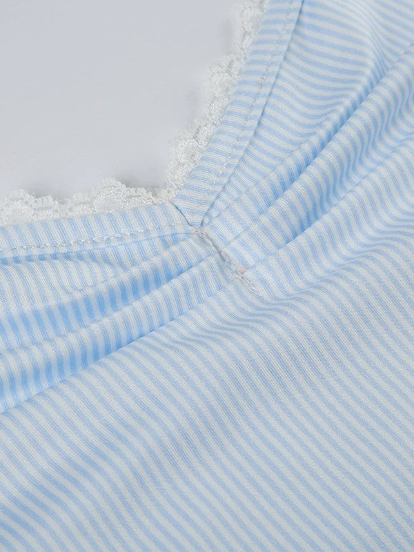 LIGHT BLUE STRIPED HALTER TOP WITH DELICATE LACE EMBELLISHED DETAILS