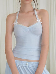 LIGHT BLUE STRIPED HALTER TOP WITH DELICATE LACE EMBELLISHED DETAILS