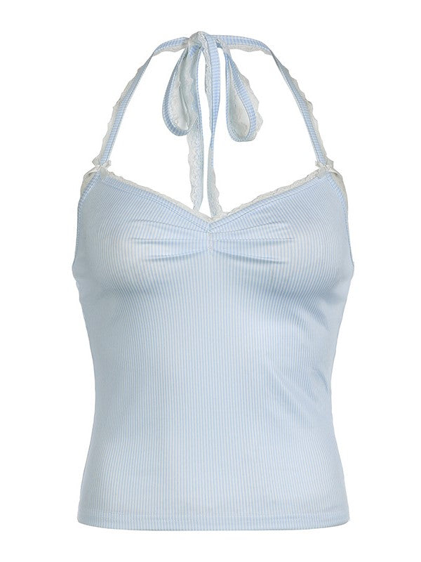 LIGHT BLUE STRIPED HALTER TOP WITH DELICATE LACE EMBELLISHED DETAILS