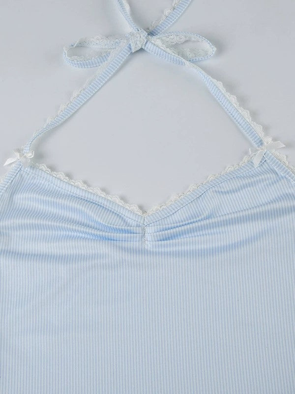 LIGHT BLUE STRIPED HALTER TOP WITH DELICATE LACE EMBELLISHED DETAILS