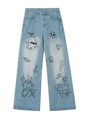 LIGHT BLUE WIDE-LEG JEANS WITH CARTOON GRAPHICS CASUAL STREET BOYFRIEND FIT