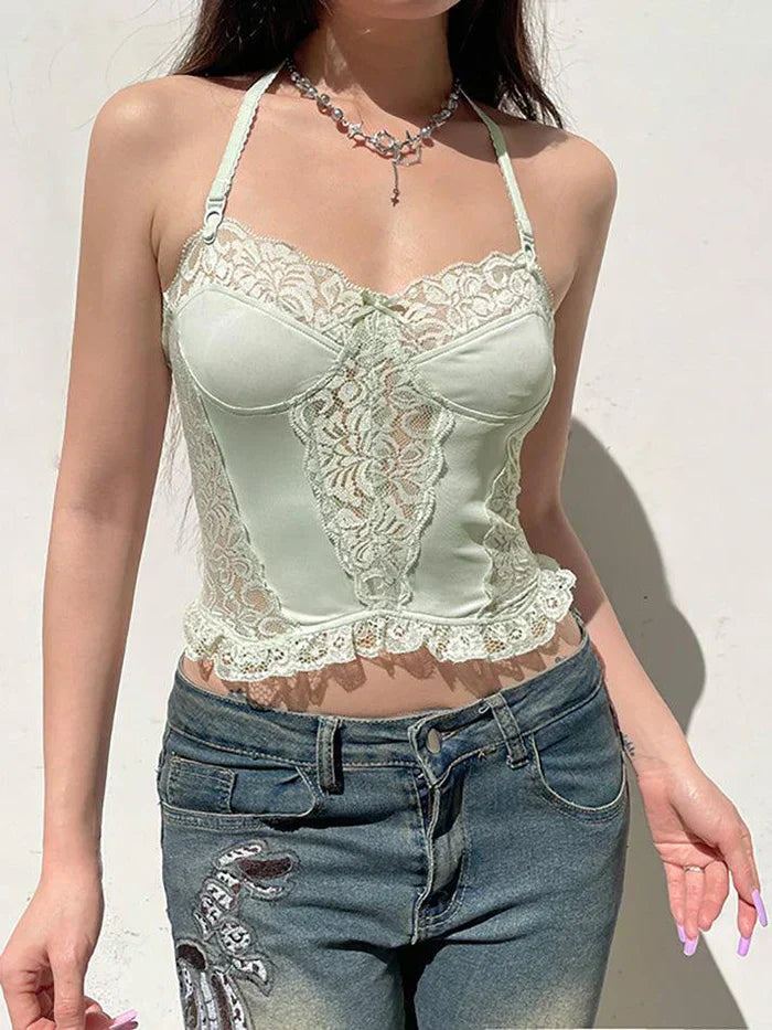LIGHT GREEN LACE-TRIMMED CORSET TOP Y2K VINTAGE SLIM FIT
