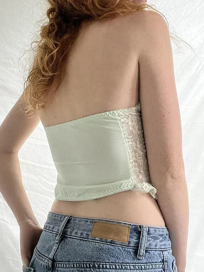 LIGHT GREEN LACE-TRIMMED CORSET TOP Y2K VINTAGE SLIM FIT