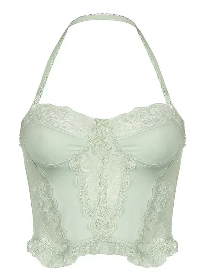 LIGHT GREEN LACE-TRIMMED CORSET TOP Y2K VINTAGE SLIM FIT