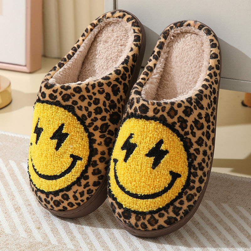 Lightning smiley face cotton slippers indoor home autumn and winter warm slippers - Leopard / 38/39