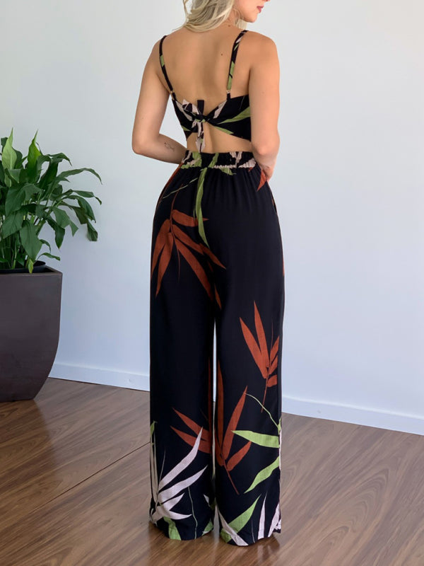Linen-like casual suit V-neck high-waist printed wide-leg pants two-piece set - Pink / S