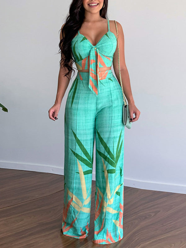 Linen-like casual suit V-neck high-waist printed wide-leg pants two-piece set - Pink / S