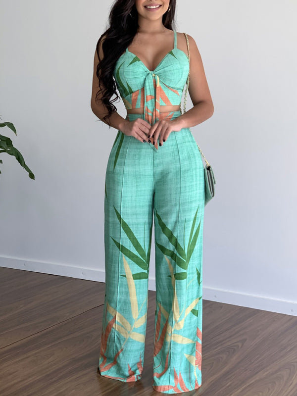 Linen-like casual suit V-neck high-waist printed wide-leg pants two-piece set - Pink / S