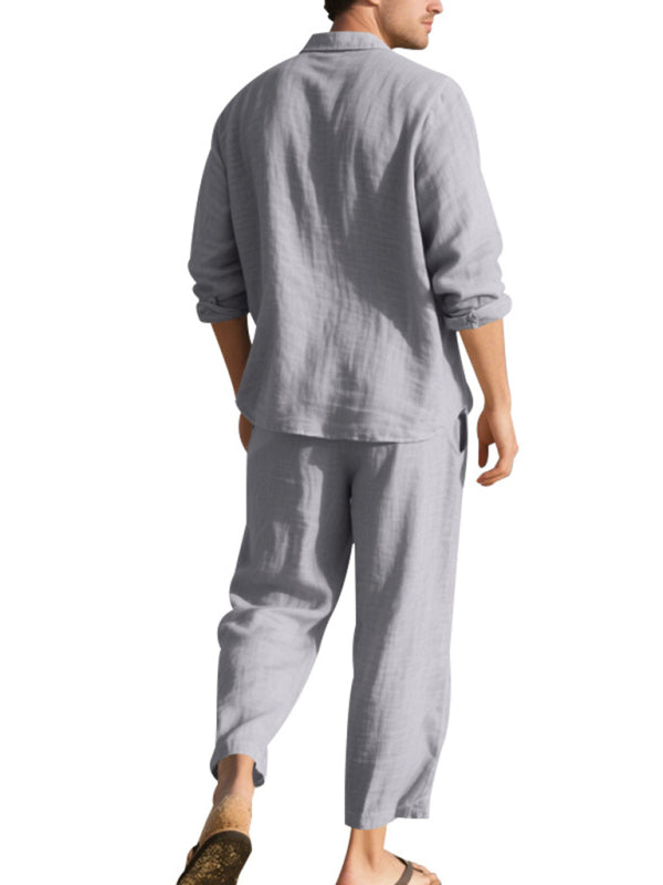 Linen men’s casual loose beach sunscreen long-sleeved shirt and trousers set