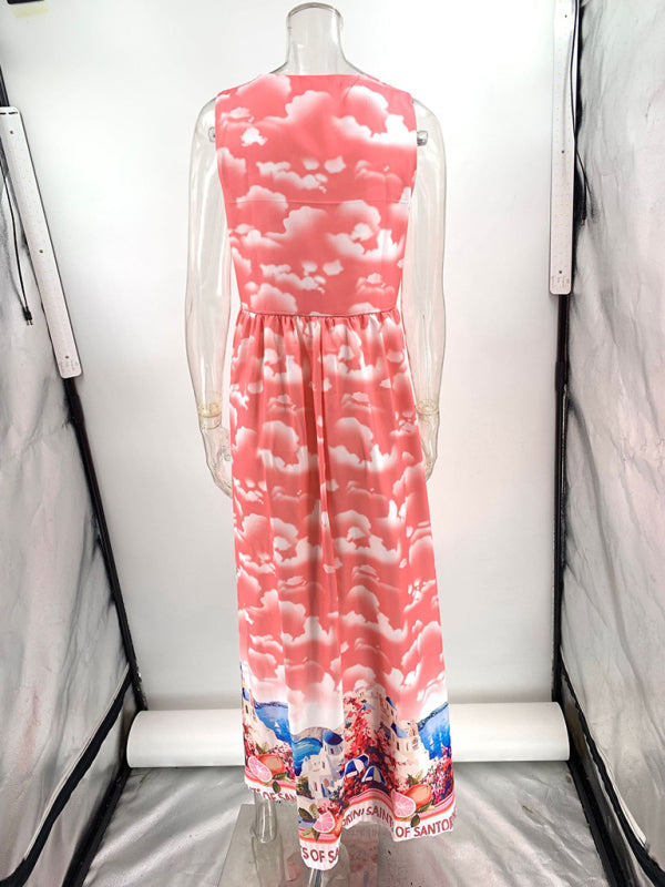 Linen Printed Casual Sleeveless V-Neck Maxi Dress