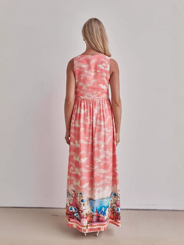 Linen Printed Casual Sleeveless V-Neck Maxi Dress