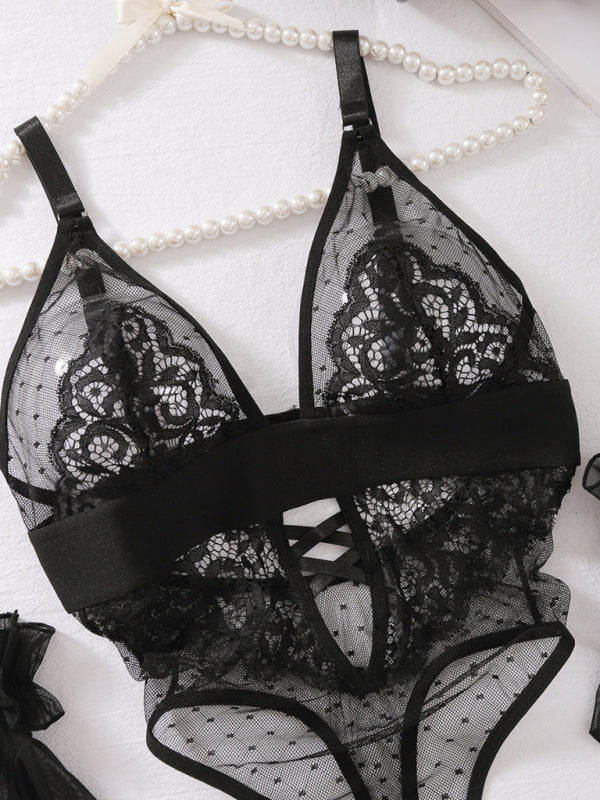 Lingerie sexy polka dot mesh lace splicing low-cut no-wire sexy jumpsuit set