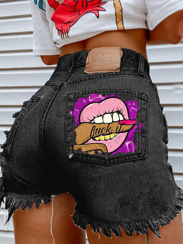 Lips Biting Finger Print Fashion Ripped Denim Shorts - Black / S