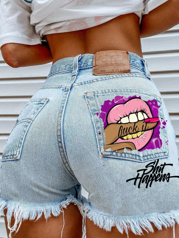 Lips Biting Finger Print Fashion Ripped Denim Shorts - Clear blue / S