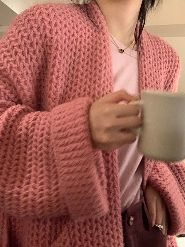 LONG PINK KNIT CARDIGAN CASUAL VINTAGE STYLE LOOSE FIT