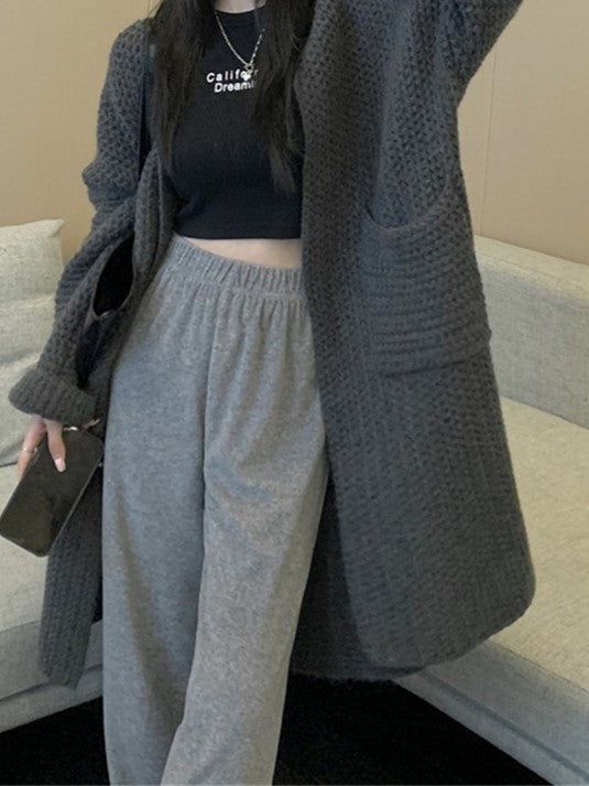 LONG PINK KNIT CARDIGAN CASUAL VINTAGE STYLE LOOSE FIT