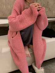 LONG PINK KNIT CARDIGAN CASUAL VINTAGE STYLE LOOSE FIT