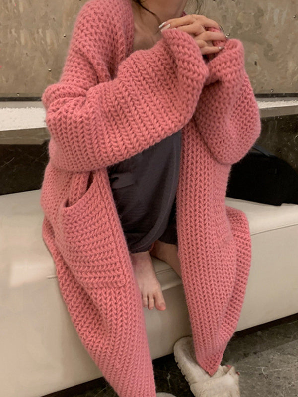 LONG PINK KNIT CARDIGAN CASUAL VINTAGE STYLE LOOSE FIT