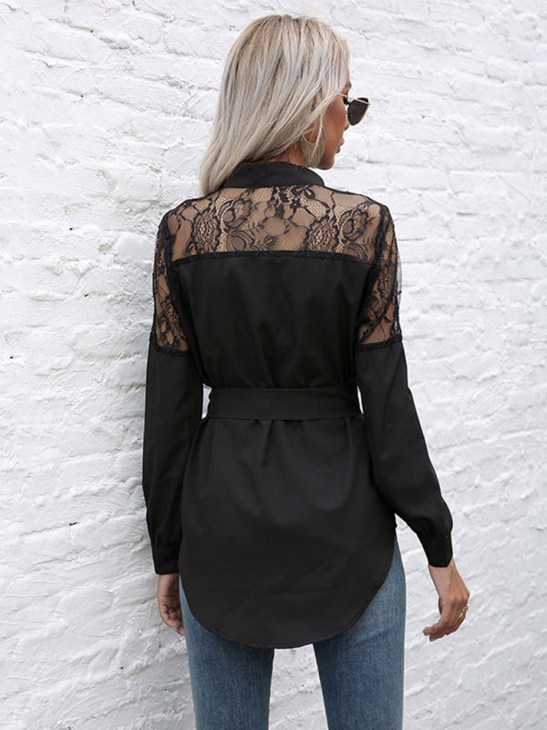 Long round neck, long sleeves and waisted black patchwork lace shirt - Closther