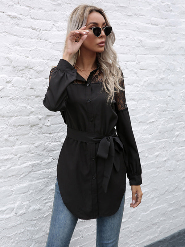 Long round neck, long sleeves and waisted black patchwork lace shirt - Closther