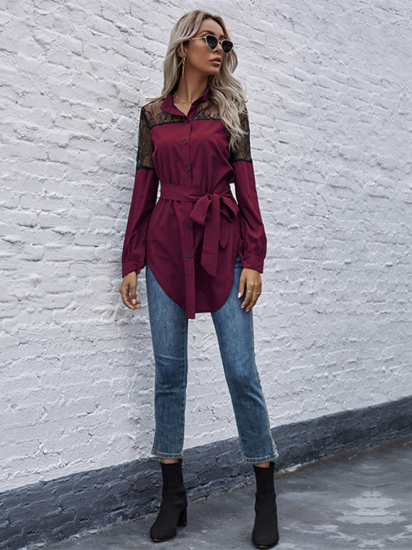 Long round neck, long sleeves and waisted black patchwork lace shirt - Closther