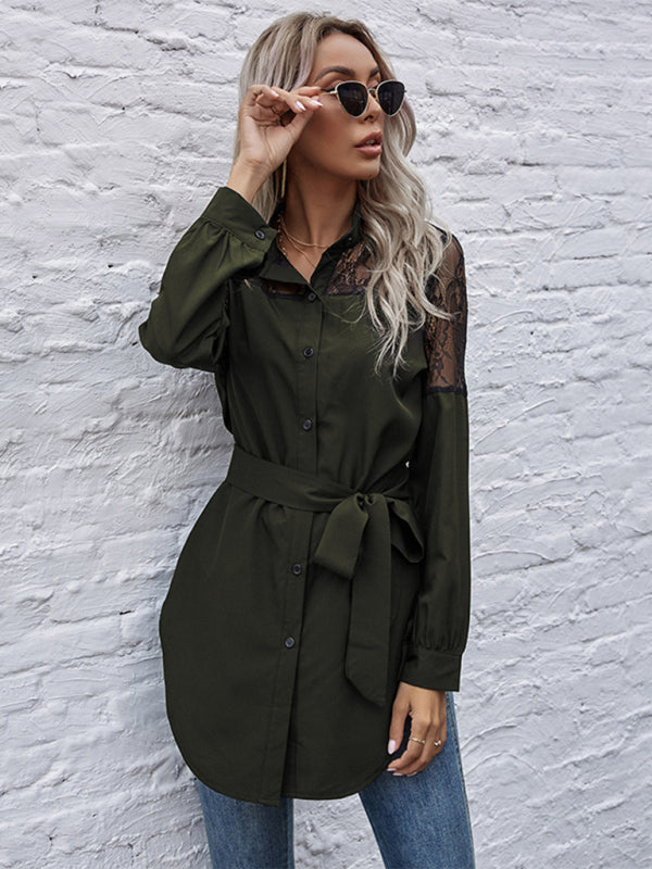 Long round neck, long sleeves and waisted black patchwork lace shirt - Closther