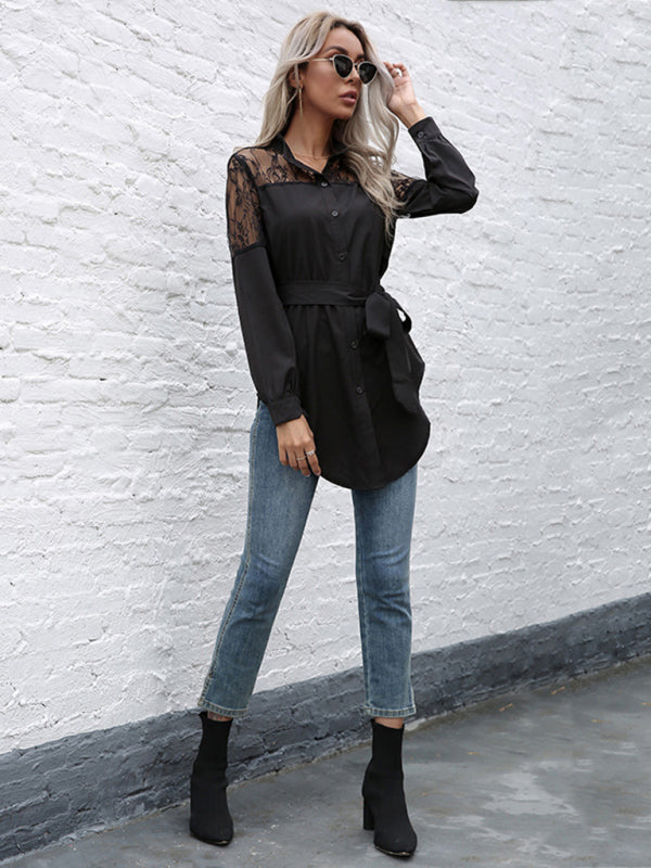 Long round neck, long sleeves and waisted black patchwork lace shirt - Closther