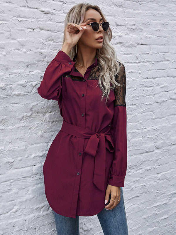 Long round neck, long sleeves and waisted black patchwork lace shirt - Closther