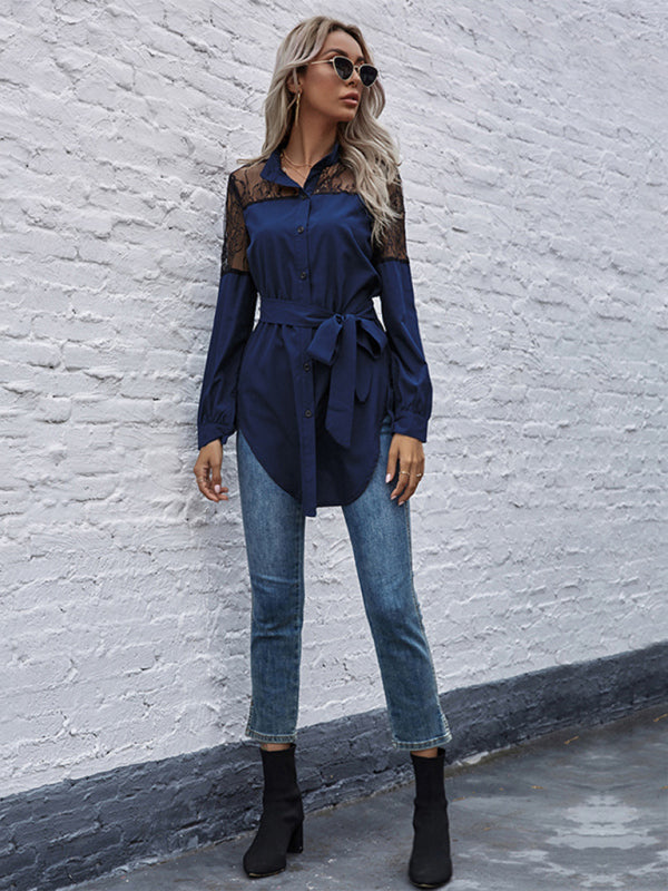 Long round neck, long sleeves and waisted black patchwork lace shirt - Closther