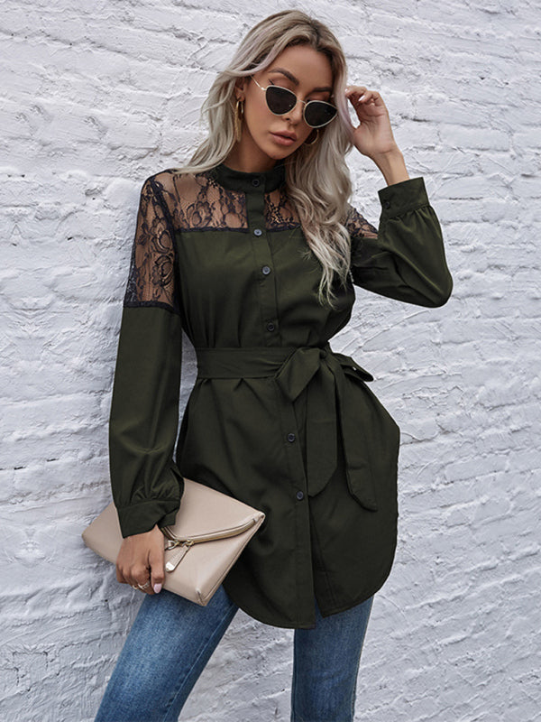 Long round neck, long sleeves and waisted black patchwork lace shirt - Closther