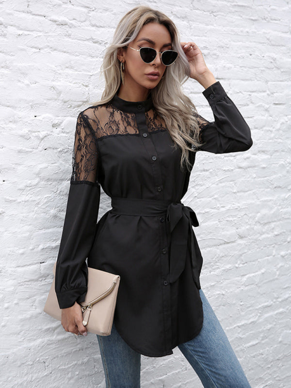 Long round neck, long sleeves and waisted black patchwork lace shirt - Closther