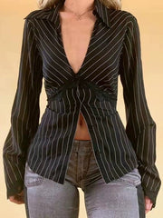 LONG SLEEVE BLOUSE VINTAGE STRIPED LONG SLEEVE BLACK AND WHITE