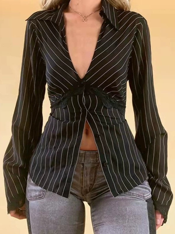 LONG SLEEVE BLOUSE VINTAGE STRIPED LONG SLEEVE BLACK AND WHITE