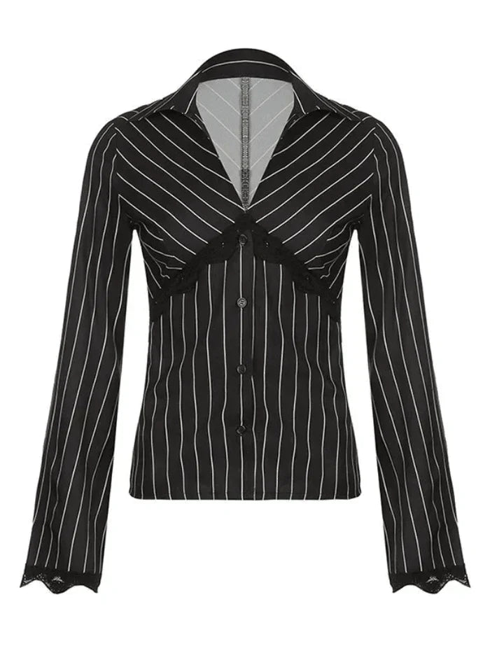 LONG SLEEVE BLOUSE VINTAGE STRIPED LONG SLEEVE BLACK AND WHITE