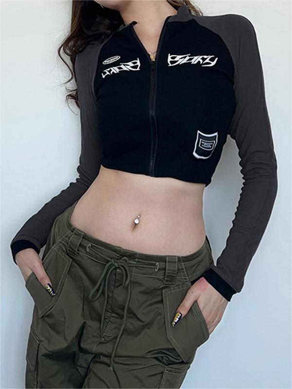 LONG SLEEVE CROP ZIP-UP TOP IN BLACK AND GRAY