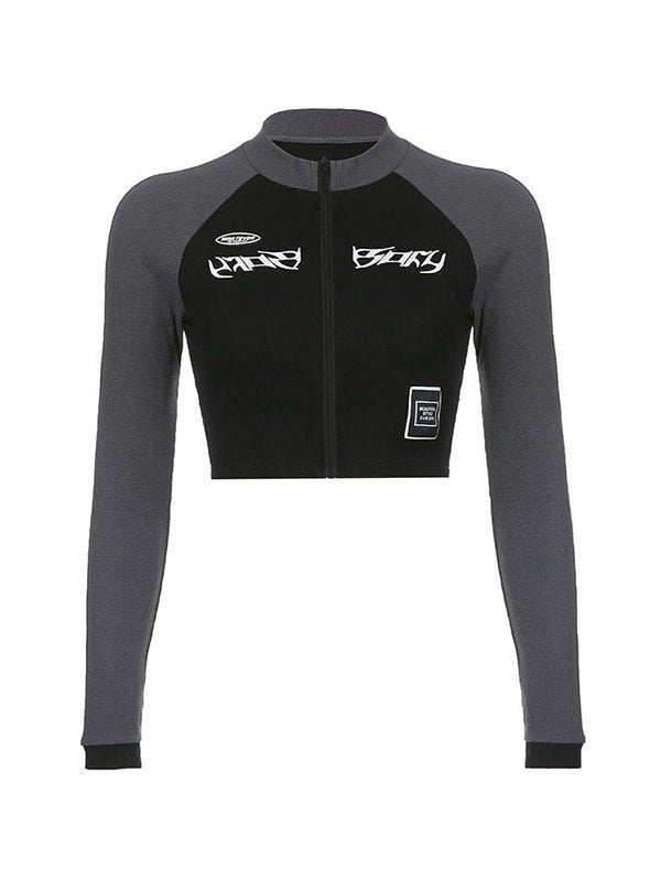 LONG SLEEVE CROP ZIP-UP TOP IN BLACK AND GRAY