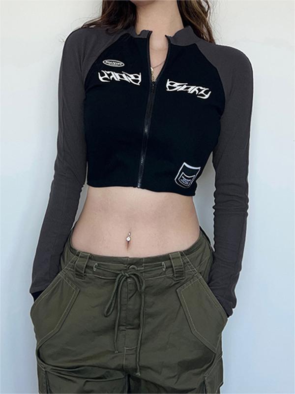 LONG SLEEVE CROP ZIP-UP TOP IN BLACK AND GRAY