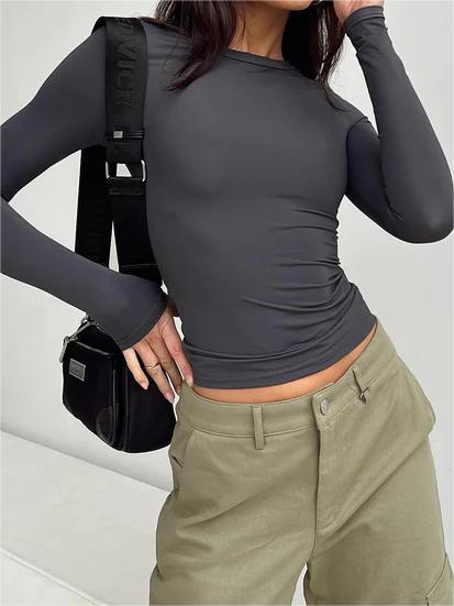 LONG SLEEVE FITTED TOP IN GRAY - SOLID COLOR Y2K STYLE