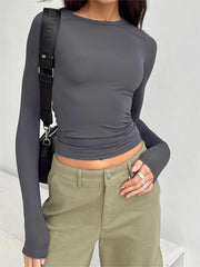 LONG SLEEVE FITTED TOP IN GRAY - SOLID COLOR Y2K STYLE