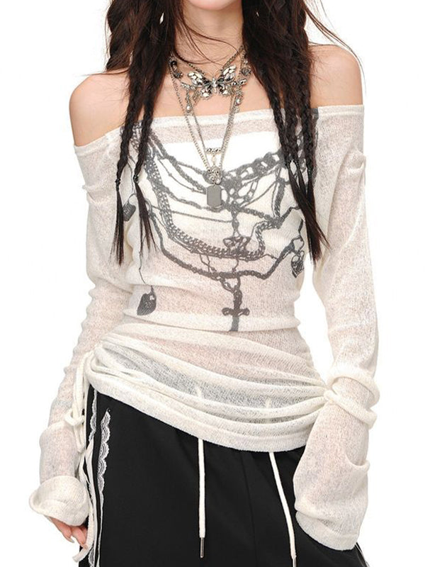 LONG SLEEVE OFF-THE-SHOULDER TOP WITH GRAPHIC PRINT Y2K CLASSIC