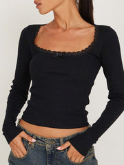 LONG SLEEVE RIBBED TOP WITH LACE TRIM - LONG SLEEVE KNIT