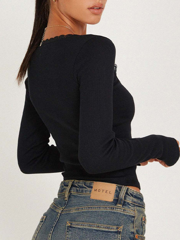 LONG SLEEVE RIBBED TOP WITH LACE TRIM - LONG SLEEVE KNIT