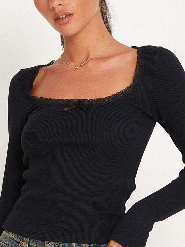 LONG SLEEVE RIBBED TOP WITH LACE TRIM - LONG SLEEVE KNIT