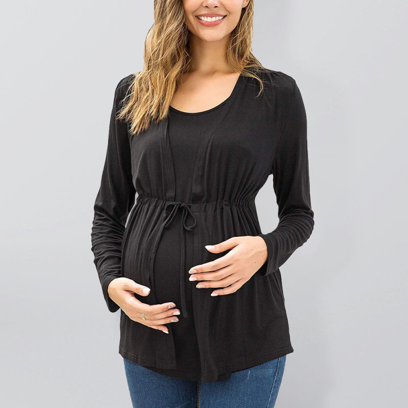 Long Sleeve Tie Breastfeeding Maternity Round Neck Top - Black / S