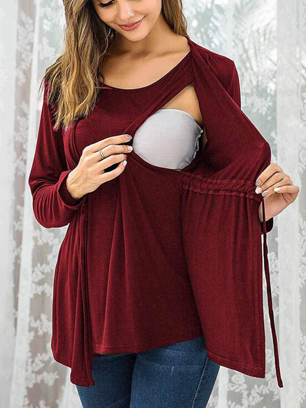 Long Sleeve Tie Breastfeeding Maternity Round Neck Top - Red / S