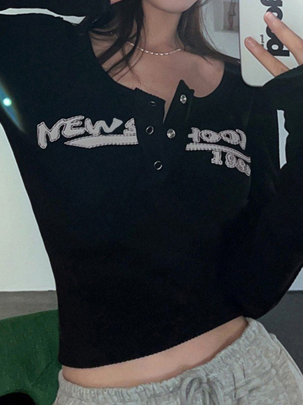 LONG SLEEVE TOP WITH BUTTONS IN BLACK - LONG SLEEVE TOPS
